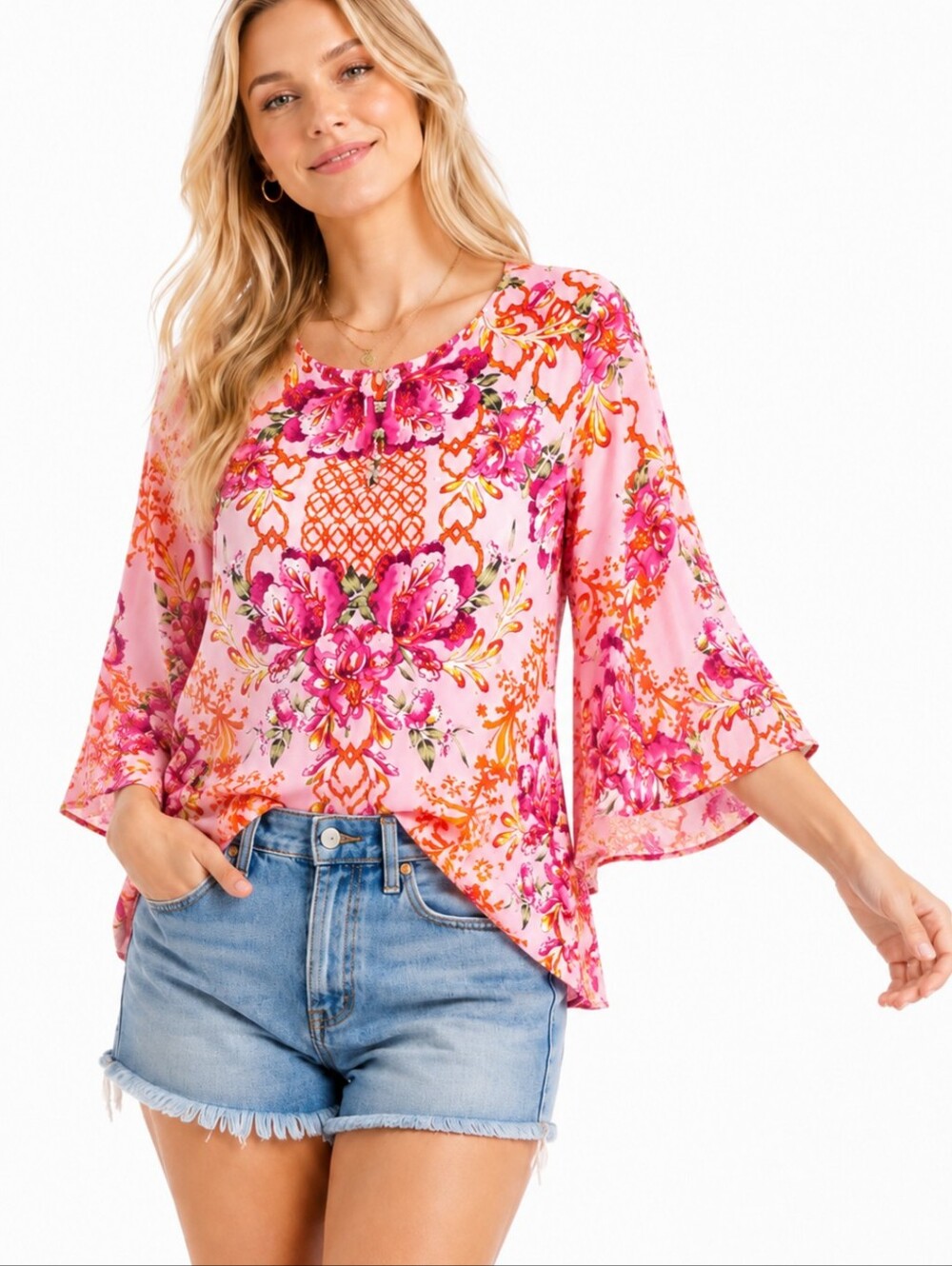 JM Collection Pink Floral Blouse Sheer Sleeves cottagecore Feminine Sz XXL